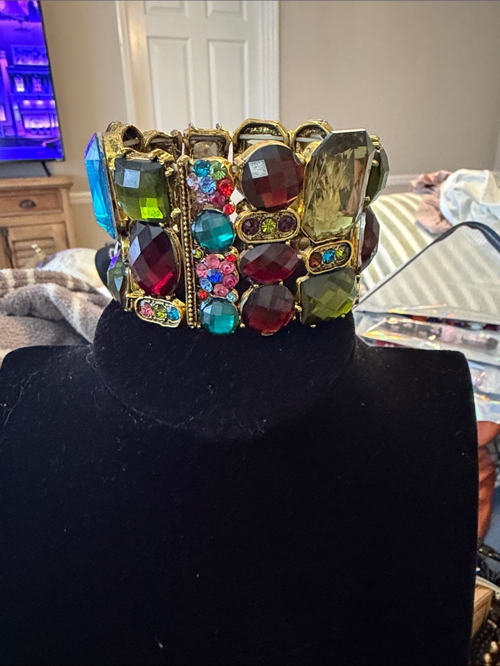 Multicolor Crystal Stretch Bracelet - Gold Tone